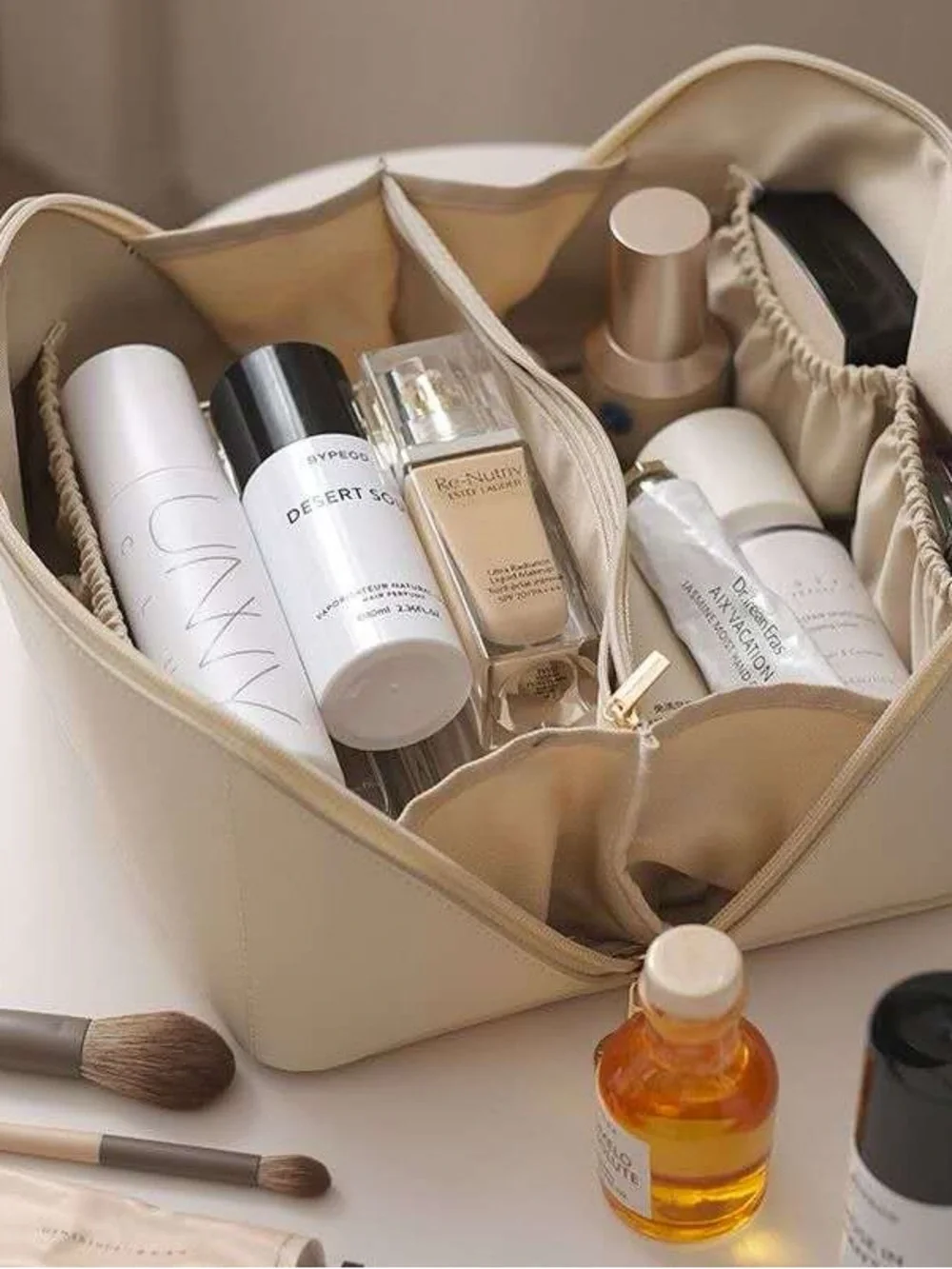 Cream Top-Handle Cosmetic Bag